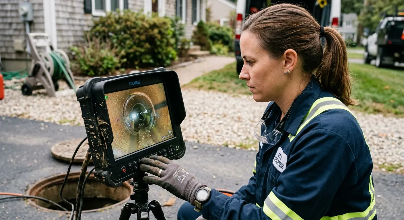 Technician reviewing sewer camera inspection footage in Brier