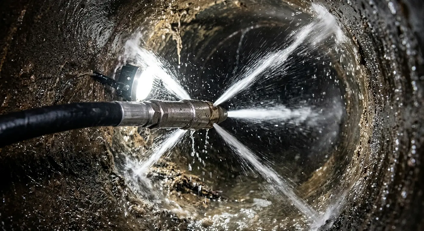High-pressure hydro jetting nozzle cleaning sewer pipe for Emergency Drain Service in Brier