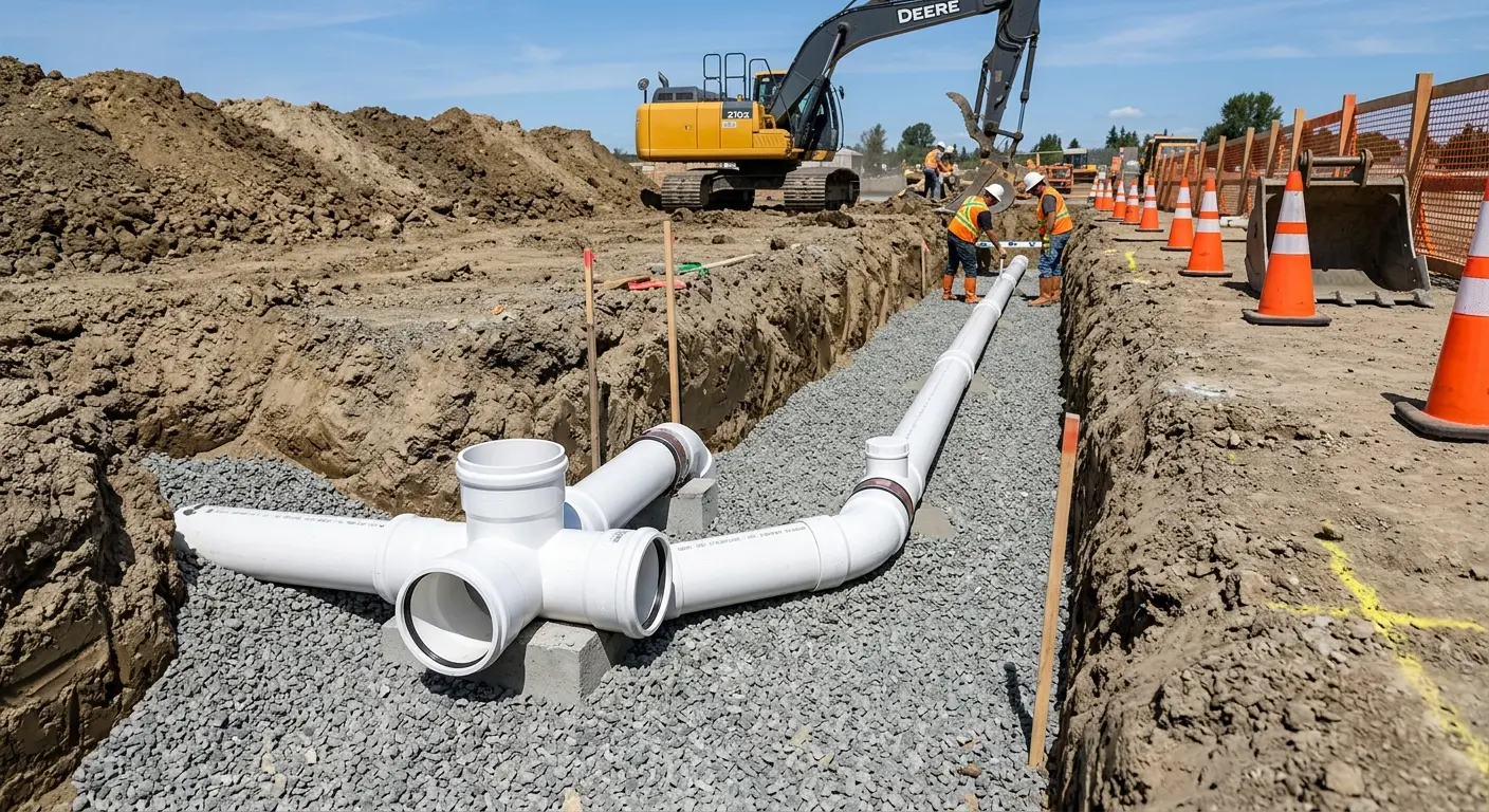 New PVC sewer pipe installation in open trench for Commercial Drain Cleaning in Brier
