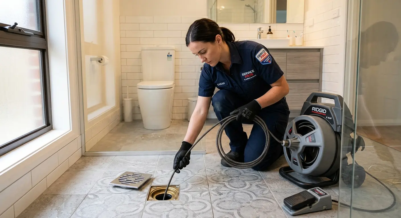 Technician clearing a bathroom floor drain for Drain Cleaning in Brier